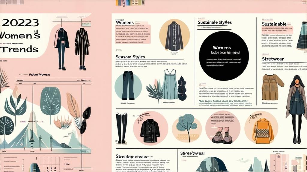 /imagine prompt: A stylish infographic capturing 2023 fashion trends, emphasizing sustainable fashion, seasonal womens styles, and streetwear. Clean layout, pastel colors, informative visuals, ener...