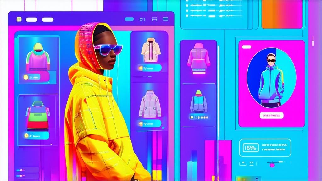 /imagine prompt: A high-quality, realistic cover image showcasing an AI-powered outfit generator interface with virtual clothing options, vibrant colors, and a modern, stylish user interacting. Bri...