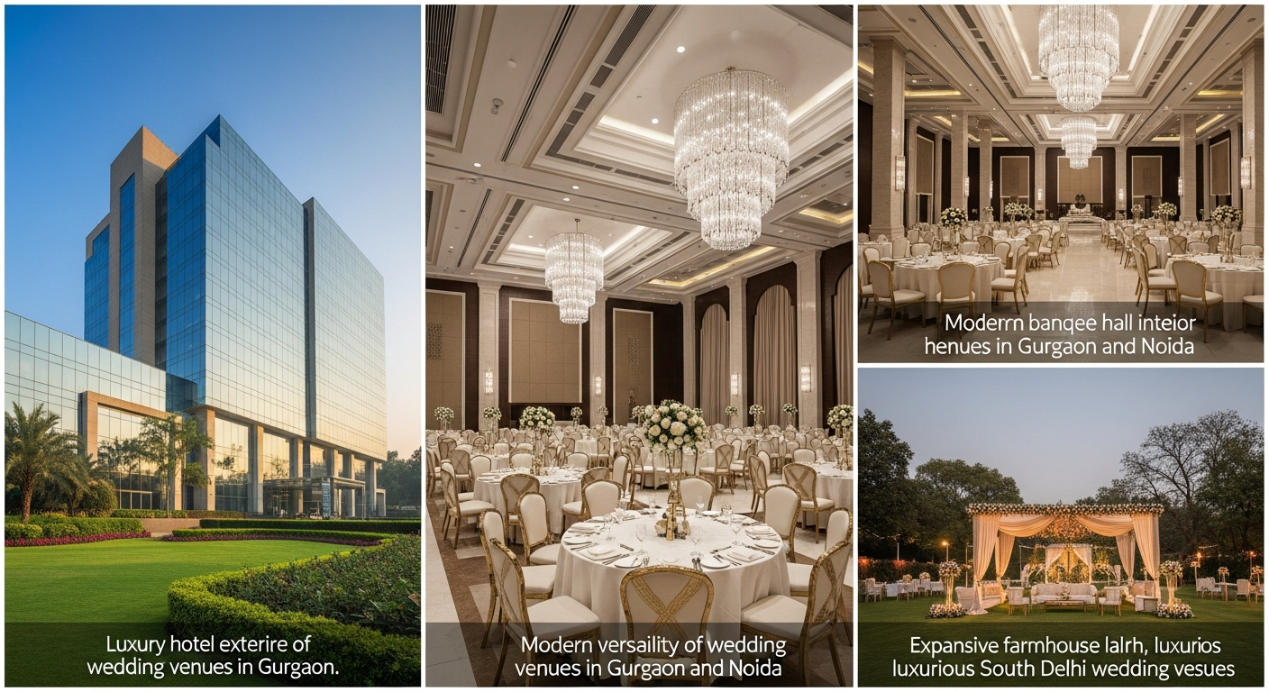 Generate a visual collage or series of 3 high-quality images showing the regional differences: a sleek Gurgaon hotel exterior, a modern Noida banquet interior, and a lavish South Delhi farmhouse lawn. Use descriptive alt-text related to 'Wedding Venues in Gurgaon' and 'South Delhi Wedding Venues.'