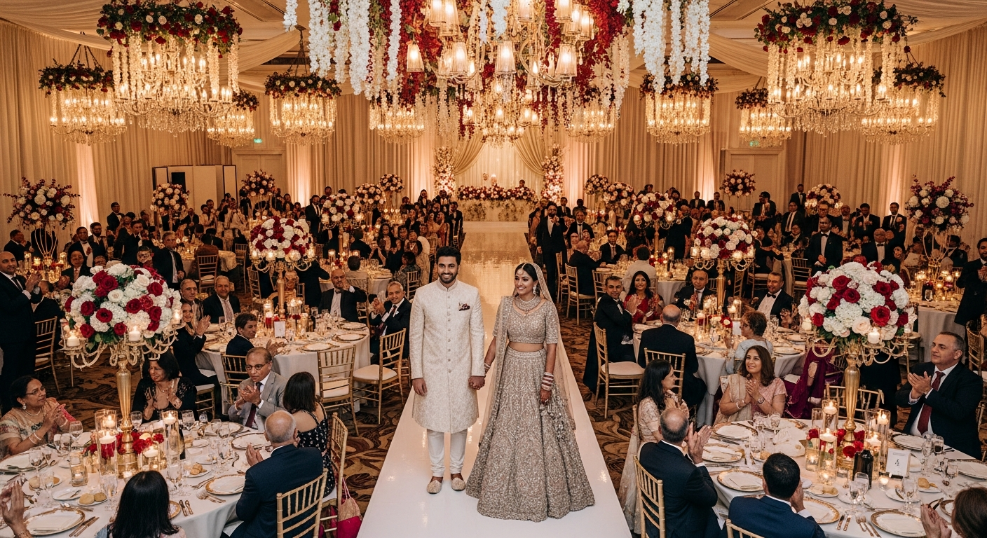 Generate a closing visual that is inspirational and encompasses the scale of an NCR wedding, perhaps a couple standing in a grand, decorated venue with many guests in attendance, symbolizing a successful celebration.