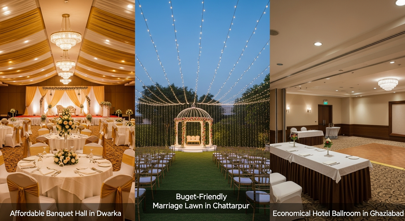 Generate a visual collage or series of 3 images showing the variety of budget venues listed: a well-decorated banquet hall, a lush marriage lawn, and a simple hotel ballroom. Use diverse alt-text for each image, such as 'Affordable Banquet Hall in Dwarka' and 'Budget-Friendly Marriage Lawn in Chattarpur'.