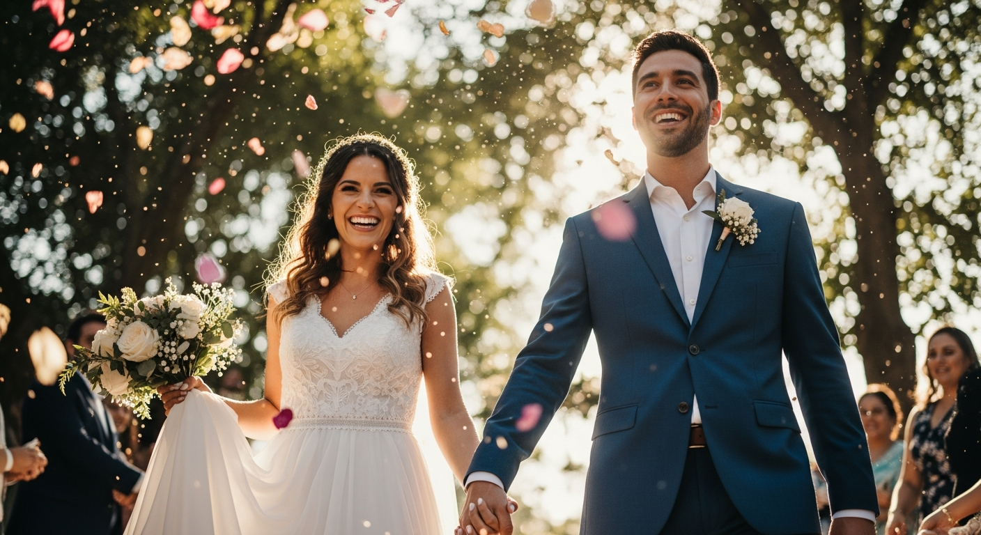 Generate a closing visual that is inspirational and symbolic of a successful wedding celebration, perhaps showing a newly married couple walking happily under a shower of flower petals. The mood should be one of joy and contentment.