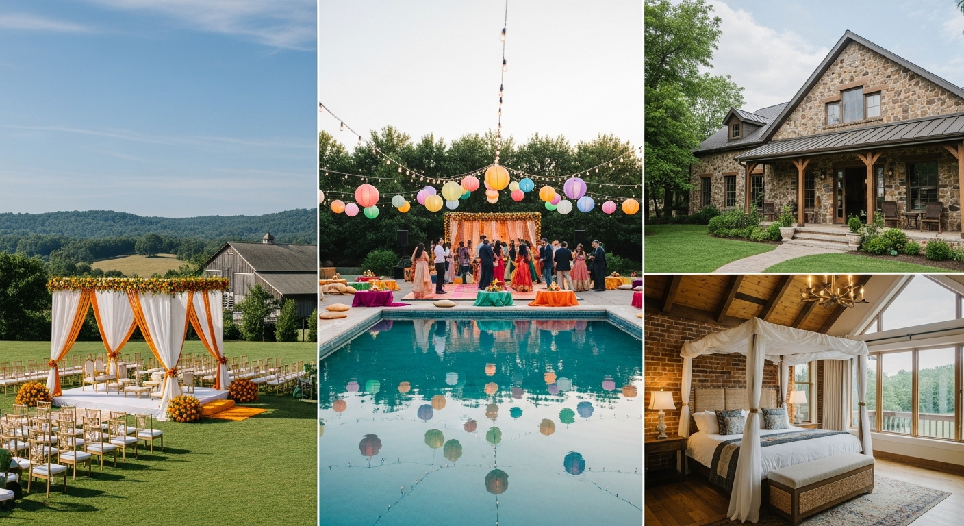 Generate a visual collage or series of 3 high-quality images showing the diversity of farmhouse venue settings: one with a grand mandap setup on a lawn, one showing a poolside sangeet setup, and one showing the accommodation exterior/interior. Use diverse alt-text related to 'farmhouse wedding decor' and 'outdoor wedding capacity'.