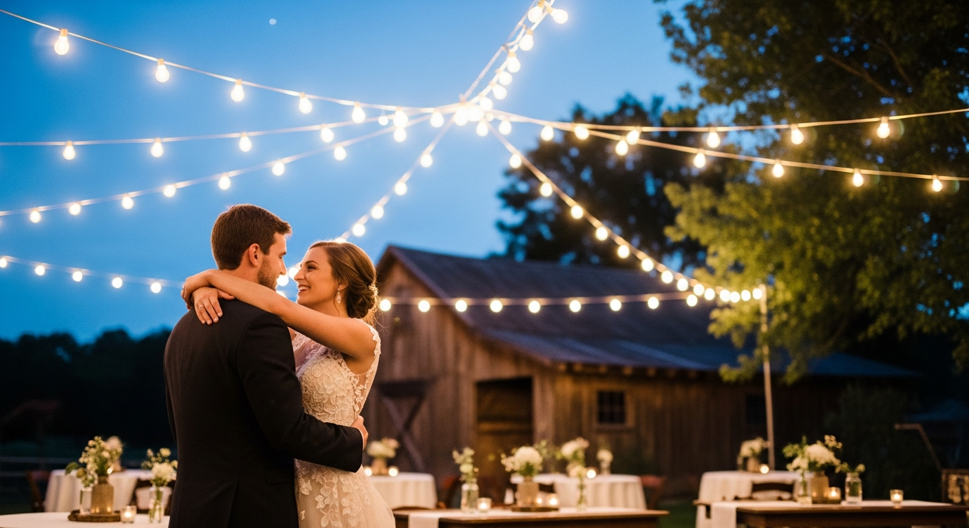 Generate a closing visual that is inspirational and emotionally appealing, perhaps a romantic shot of a newly married couple dancing or embracing under string lights in a beautiful farmhouse setting. The image should convey successful execution and joy.