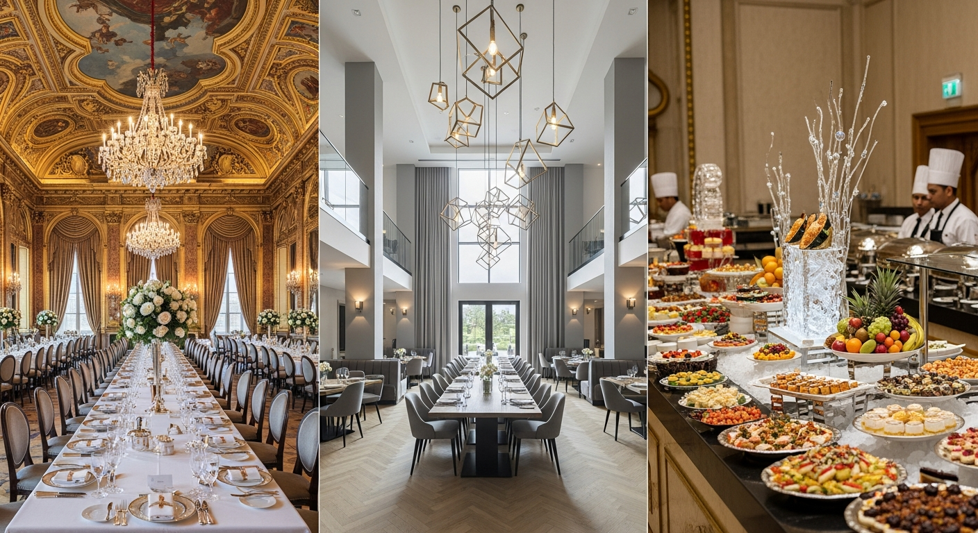 Generate a visual collage or series of 3 high-quality images showing the diversity of banquet hall interiors: one with classic, lavish decor, one with modern, minimal decor, and one showing a high-end buffet/food setup. Use descriptive alt-text related to 'modern banquet hall decor' and 'wedding food spread in Delhi'.
