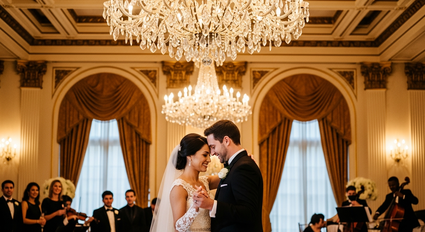 Generate a closing visual that is inspirational and emotionally appealing, perhaps a romantic shot of a couple having their first dance under a grand chandelier in a luxury banquet hall. The image should convey successful execution and joy.