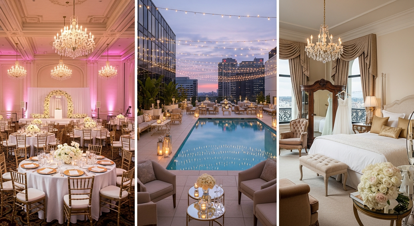 Generate a visual collage or series of 3 high-quality images showing the luxury venues: a grand pillarless ballroom setup, a beautiful hotel poolside/rooftop event space, and a photo of a lavish bridal suite interior. Use descriptive alt-text related to 'luxury hotel wedding decor' and '5-star bridal suite.'