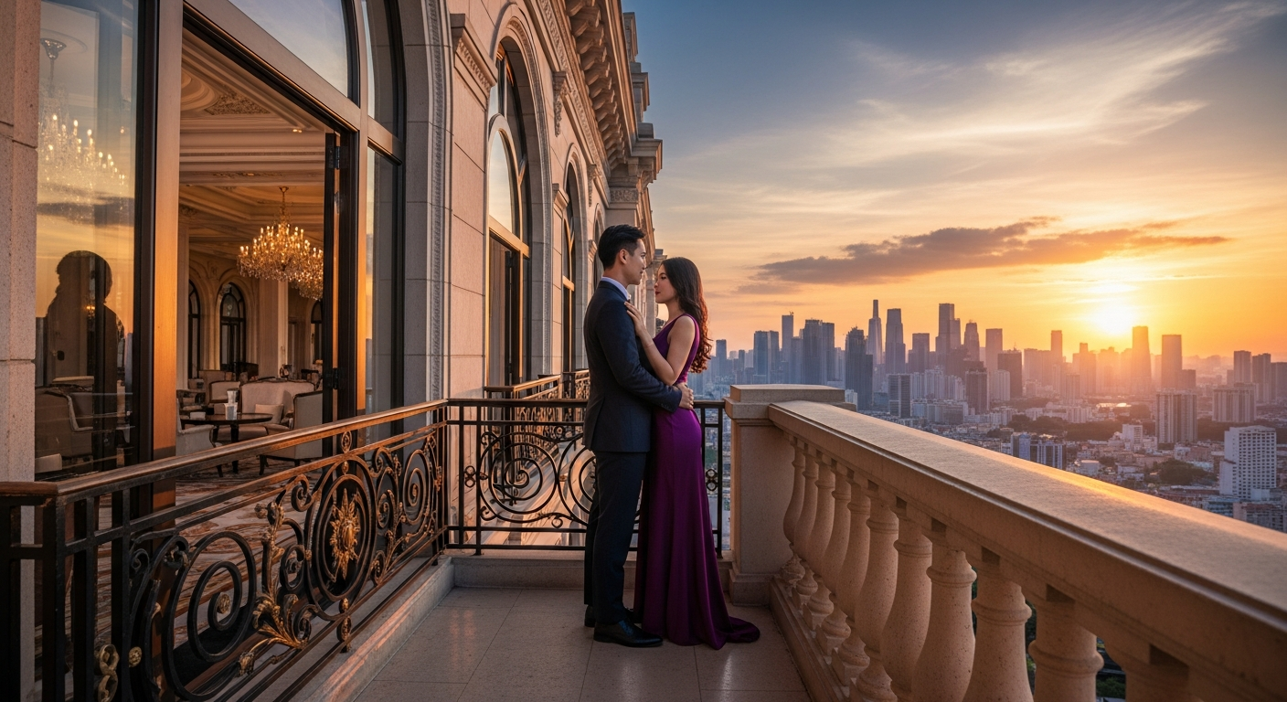 Generate a closing visual that is inspirational and emotionally appealing, perhaps a romantic shot of a couple standing on the balcony/in the lobby of a grand 5-star hotel at sunset, conveying ultimate sophistication and successful execution.