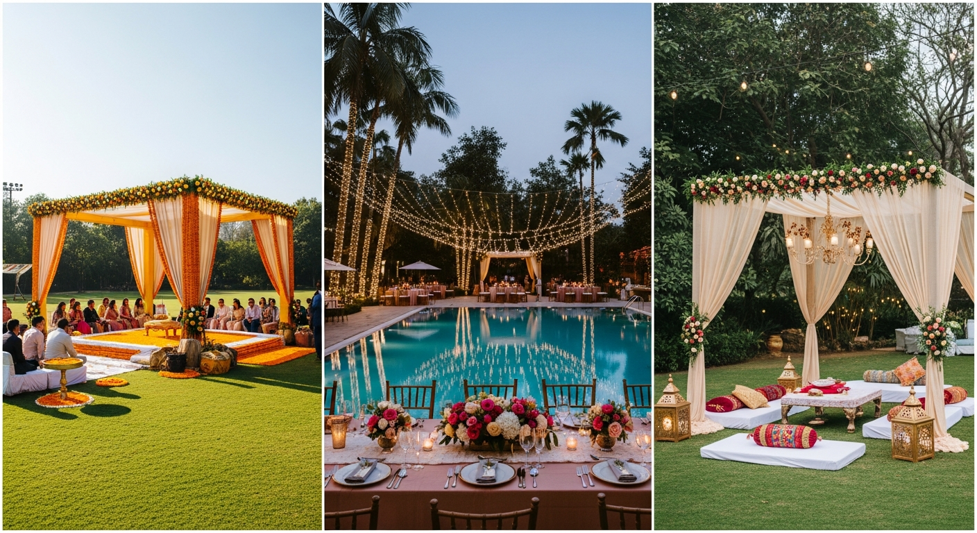 Generate a visual collage or series of 3 high-quality images showing the diversity of outdoor settings: a large lawn mandap, an elegant poolside reception, and a cozy resort garden mehndi setup. Use descriptive alt-text related to 'poolside wedding delhi' and 'resort garden ceremony.'