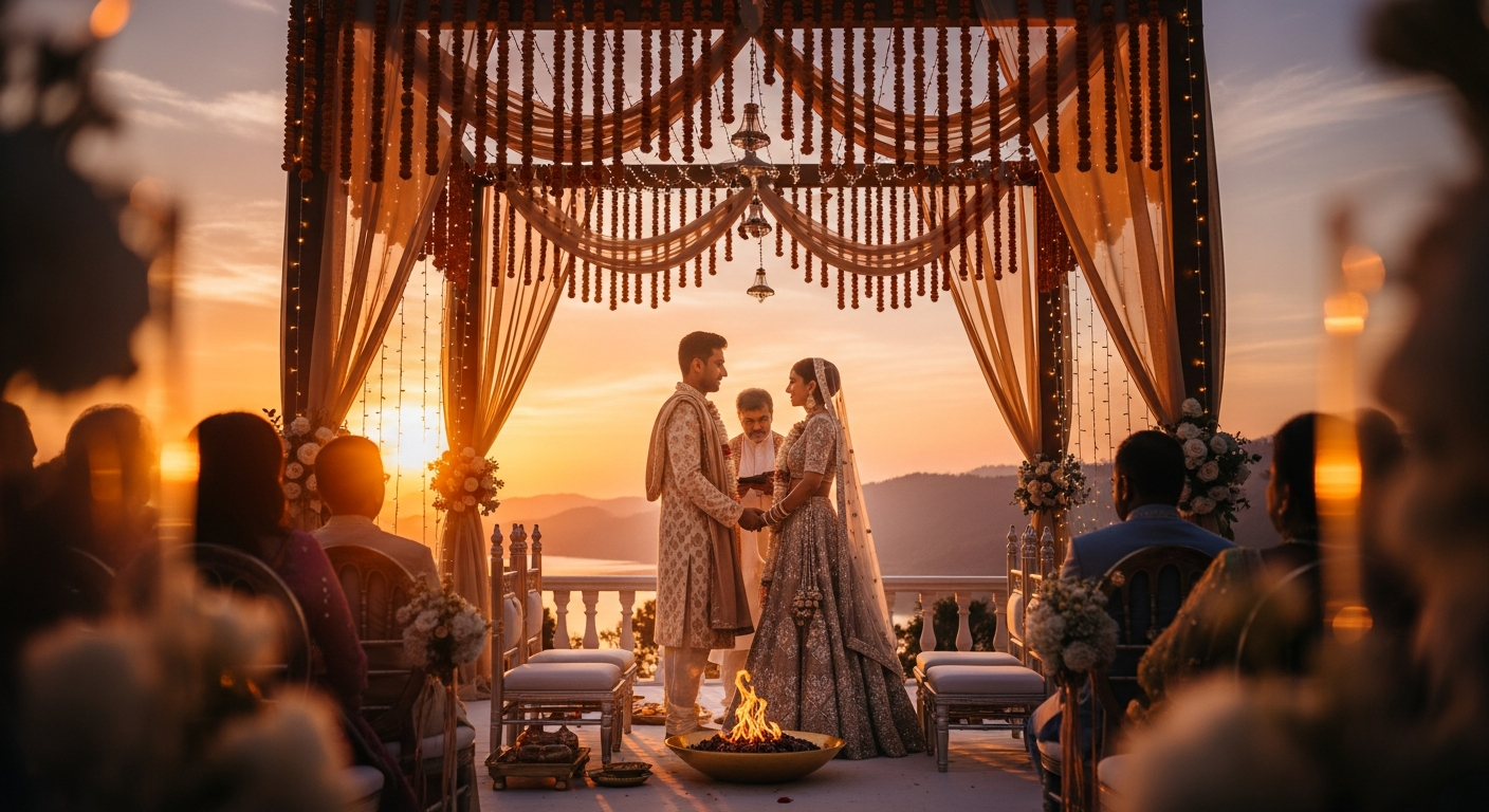 Generate a closing visual that is inspirational and emotionally appealing, perhaps a romantic shot of a couple taking their pheras or vows in an open-air mandap at sunset, surrounded by warm light and natural decor.