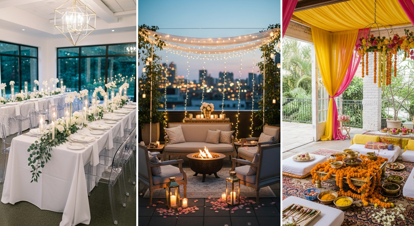 Generate a visual collage or series of 3 high-quality images showing the intimate wedding aesthetics: a small, elegant banquet hall with modern decor, a romantic rooftop party setting with city lights, and a cozy indoor/outdoor space perfect for a Haldi/Mehendi.