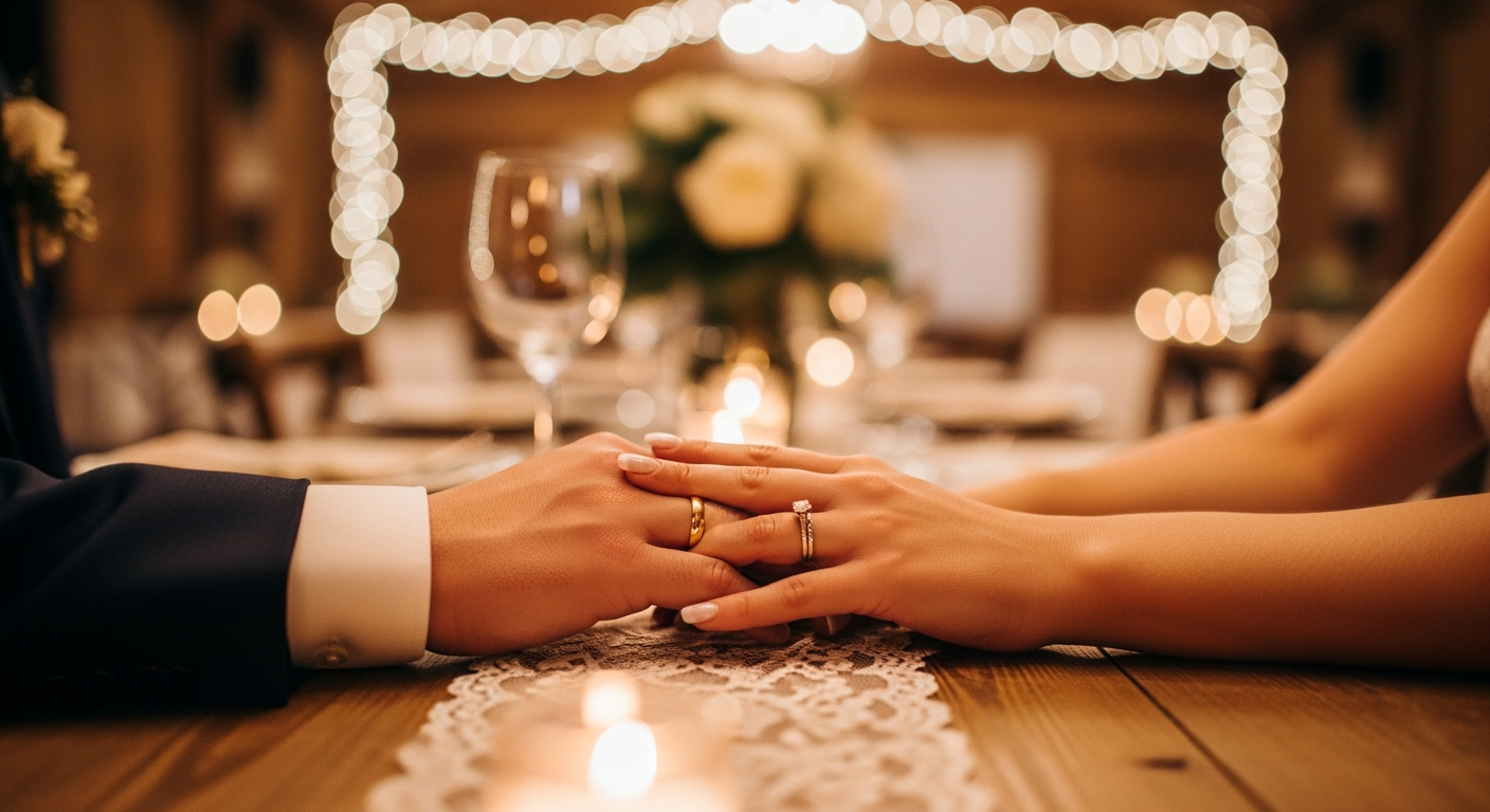 Generate a closing visual that is romantic and personal, such as a close-up shot of the couple holding hands or sharing a laugh in a beautifully lit, intimate wedding setting, conveying warmth and connection.