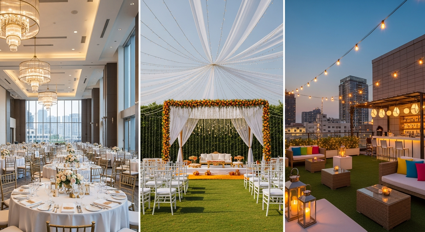 Generate a visual collage or series of 3 high-quality images showing the diversity of Noida venues: a spacious modern banquet hall, a green farmhouse lawn, and a trendy hotel rooftop setting. Use descriptive alt-text related to 'Noida wedding venue decor' and 'Noida banquet hall interiors.'