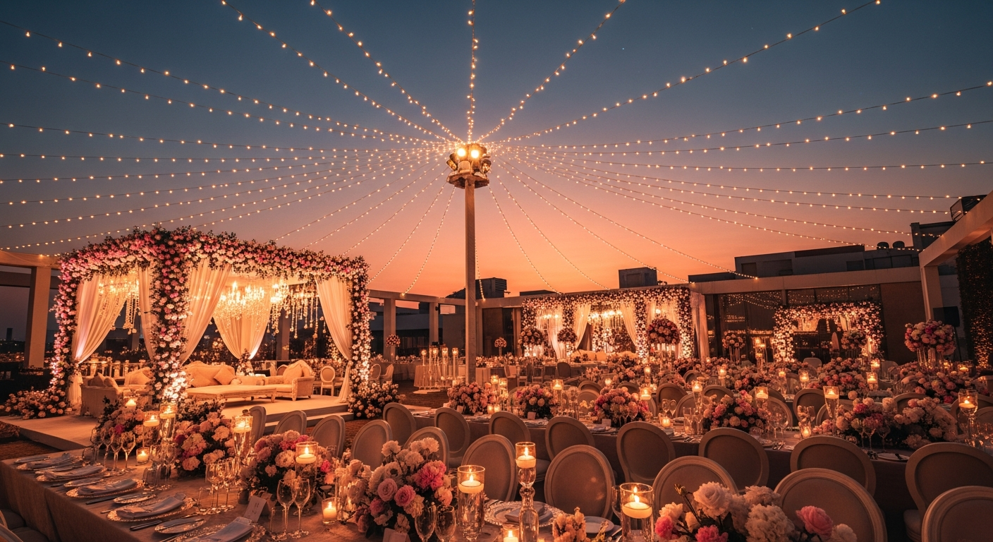 Generate a closing visual that is romantic and elegant, perhaps a wide-angle shot of a beautifully decorated wedding space in Noida at dusk, showing a successful, grand event.
