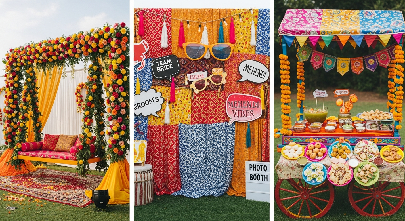 Generate a visual collage or series of 3 high-quality images showing popular Mehendi decor trends: a brightly colored floral swing/seating area, a fun photo booth/backdrop, and a vibrant chaat or food stall setup. Use descriptive alt-text related to 'Indian Mehendi decor ideas' and 'colorful wedding photo booth.'