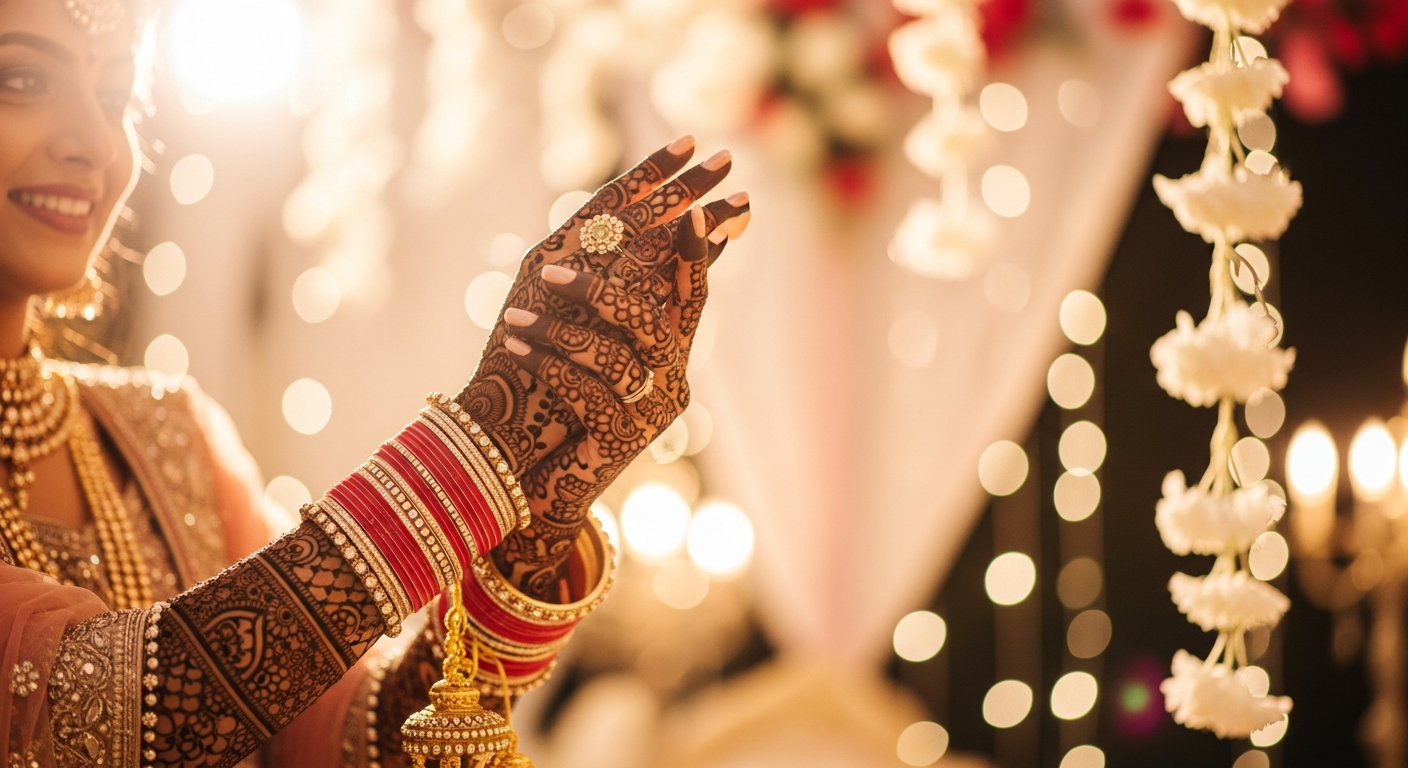 Generate a closing visual that is warm and joyful, perhaps a close-up shot of a bride showing off her intricate Mehendi in a well-lit, festive setting.