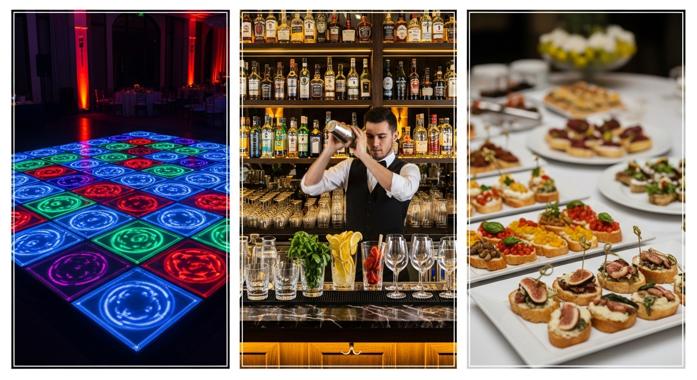 Generate a visual collage or series of 3 high-quality images showing crucial Cocktail elements: a vibrant LED/Disco Dance Floor, a beautifully lit and fully stocked Bar Counter with a mixologist, and an image of Gourmet Food/Snacks suitable for a cocktail menu. Use descriptive alt-text related to 'Luxury Wedding Cocktail Decor' and 'High-End Bar Setup.'