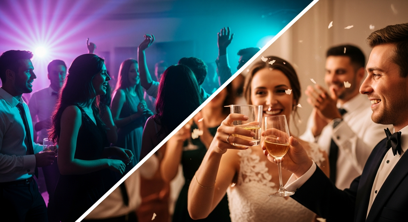 Generate a closing visual showing guests on a dance floor or the couple raising a toast, symbolizing a successful and high-energy cocktail party.