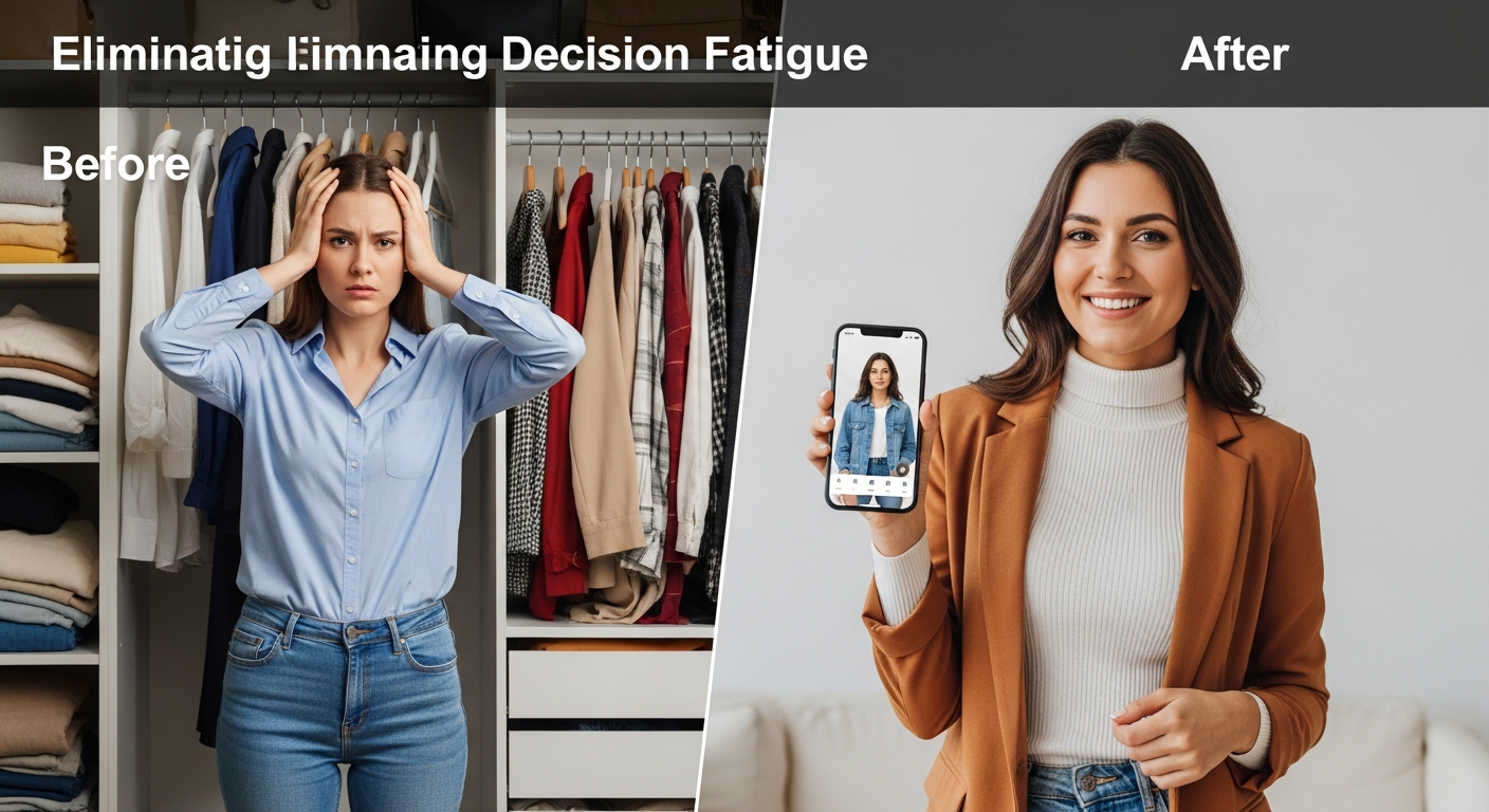 Generate an image that visually represents the core benefit: Eliminating decision fatigue. The image should be a 'before and after' split screen. The 'Before' side shows a person looking stressed or overwhelmed standing in front of an overflowing closet. The 'After' side shows the same person looking confident and happy, already dressed in a stylish outfit, holding a smartphone displaying an AI-generated look.