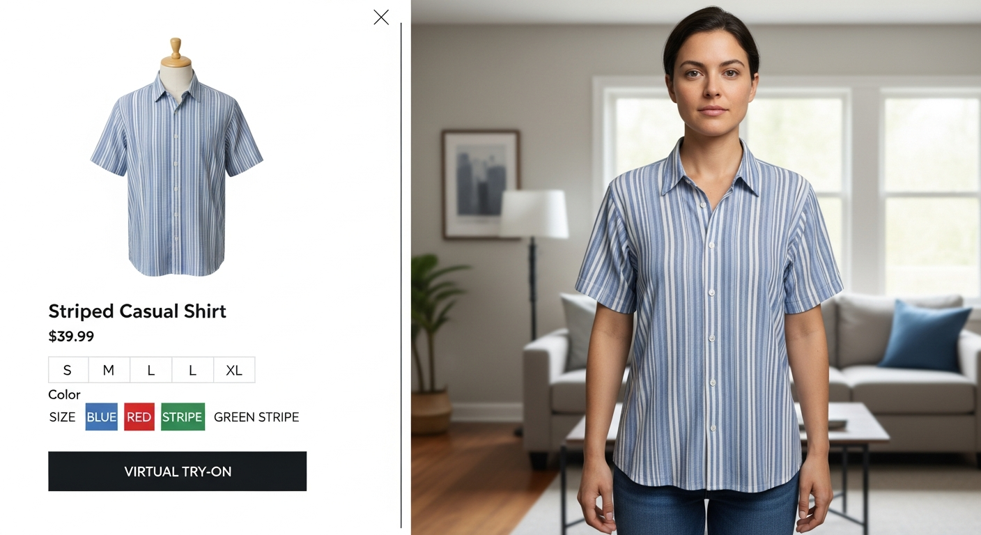 Generate an image demonstrating the Virtual Try-On feature. The image should show a split view: one side showing a retail website product page for a shirt, and the other side showing a person's photo with the shirt realistically 'tried on' over their body, with high-quality rendering.