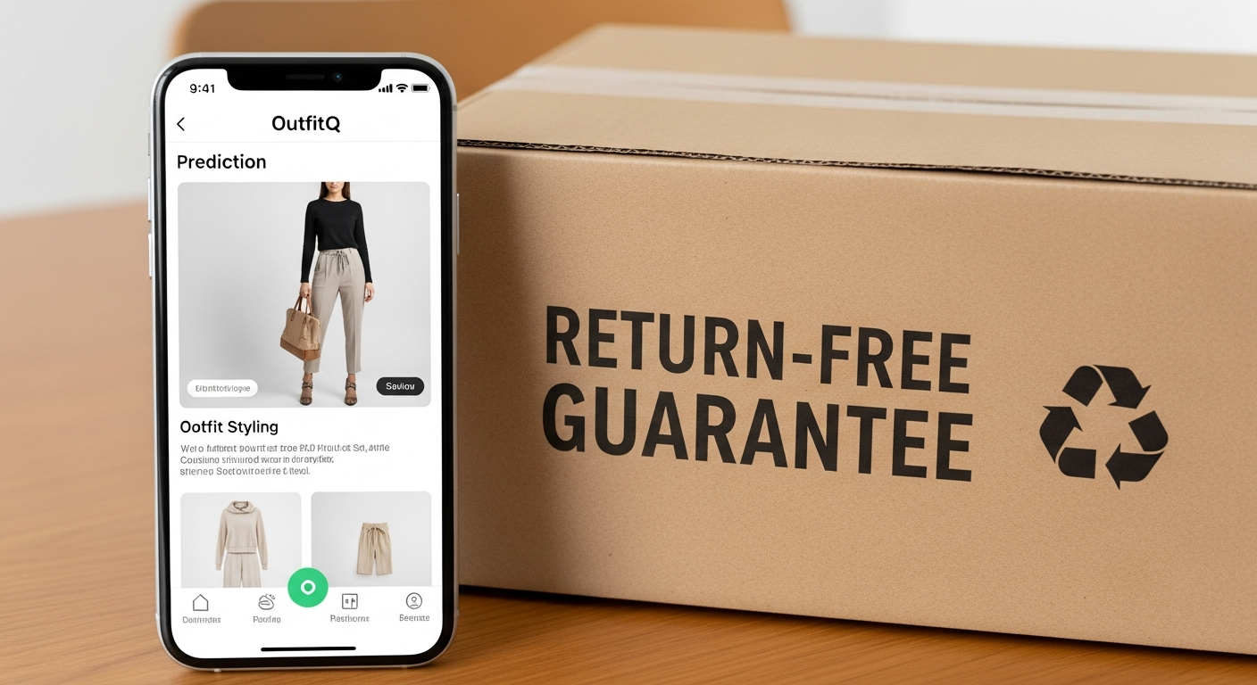 Generate an image that symbolizes reduced shopping returns and sustainability. The image should show a smartphone with the OutfitQ app interface, and next to it, a parcel delivery box that is clearly marked 'RETURN-FREE GUARANTEE' or a similar confidence-building message, possibly with a small recycling symbol.