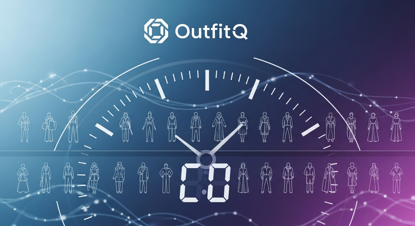 Generate an image that visually represents trend speed. The image should show a fast-moving, stylized digital clock or speedometer, with fashion icons/outfits cycling rapidly, and a stylized OutfitQ icon stabilizing the view, suggesting the AI keeps up with the pace.
