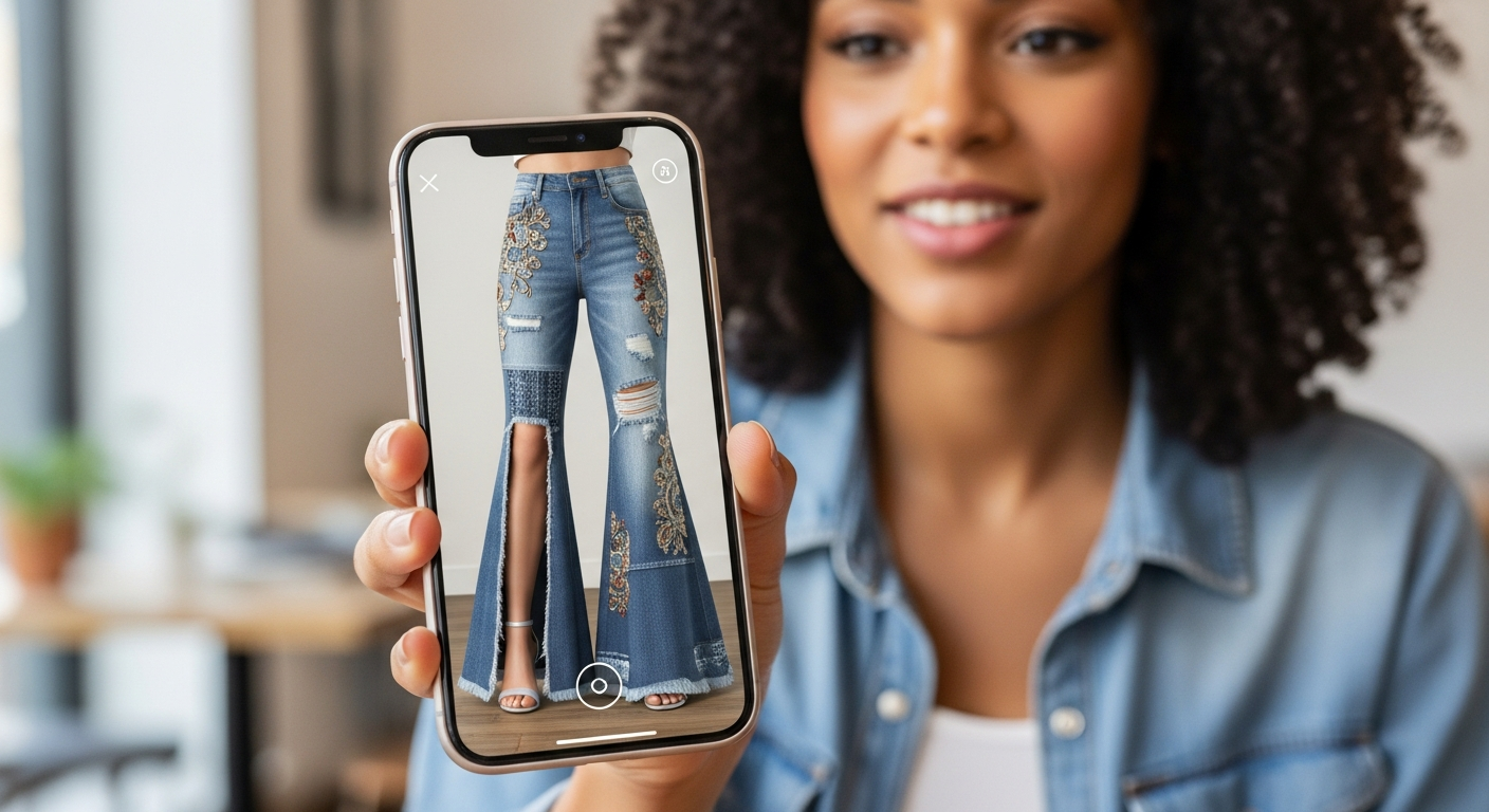 Generate an image that shows a trendy, complex fashion item (e.g., a specific wide-leg jean or bold-colored coat) being rendered onto a diverse woman's photo via a smartphone screen, clearly demonstrating the realistic virtual try-on and trend application.