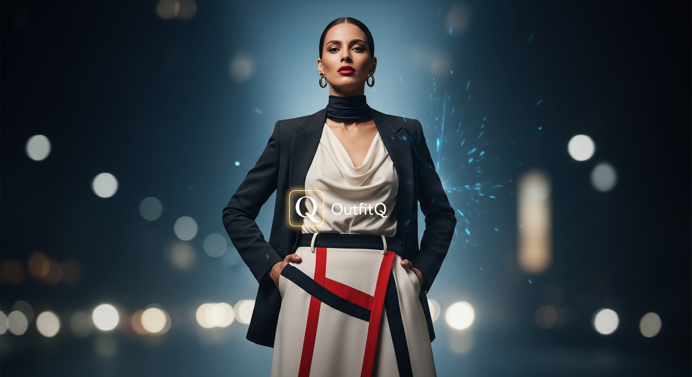 Generate an image that symbolizes confidence in trending fashion. The image should feature a woman with an aura of self-assurance, standing tall, with a small OutfitQ logo/icon subtly integrated, conveying that her stylish outfit choice was validated and perfected by the AI.