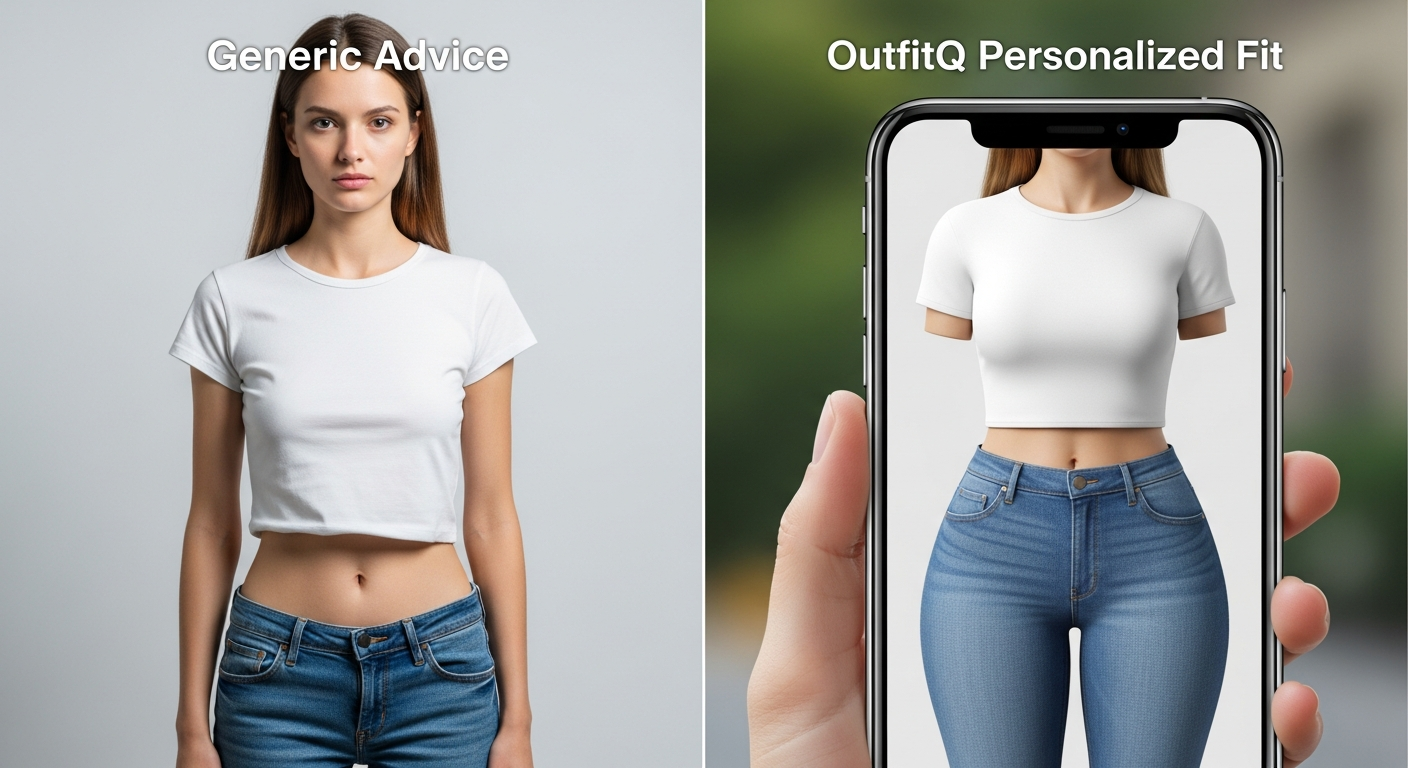 Generate an image that visually represents **personalization vs. generic**. Create a split image: one side showing a generic, stock photo model wearing a basic outfit ('Generic Advice'), and the other side showing the same outfit realistically rendered onto a user's unique body type via a smartphone screen ('OutfitQ Personalized Fit').