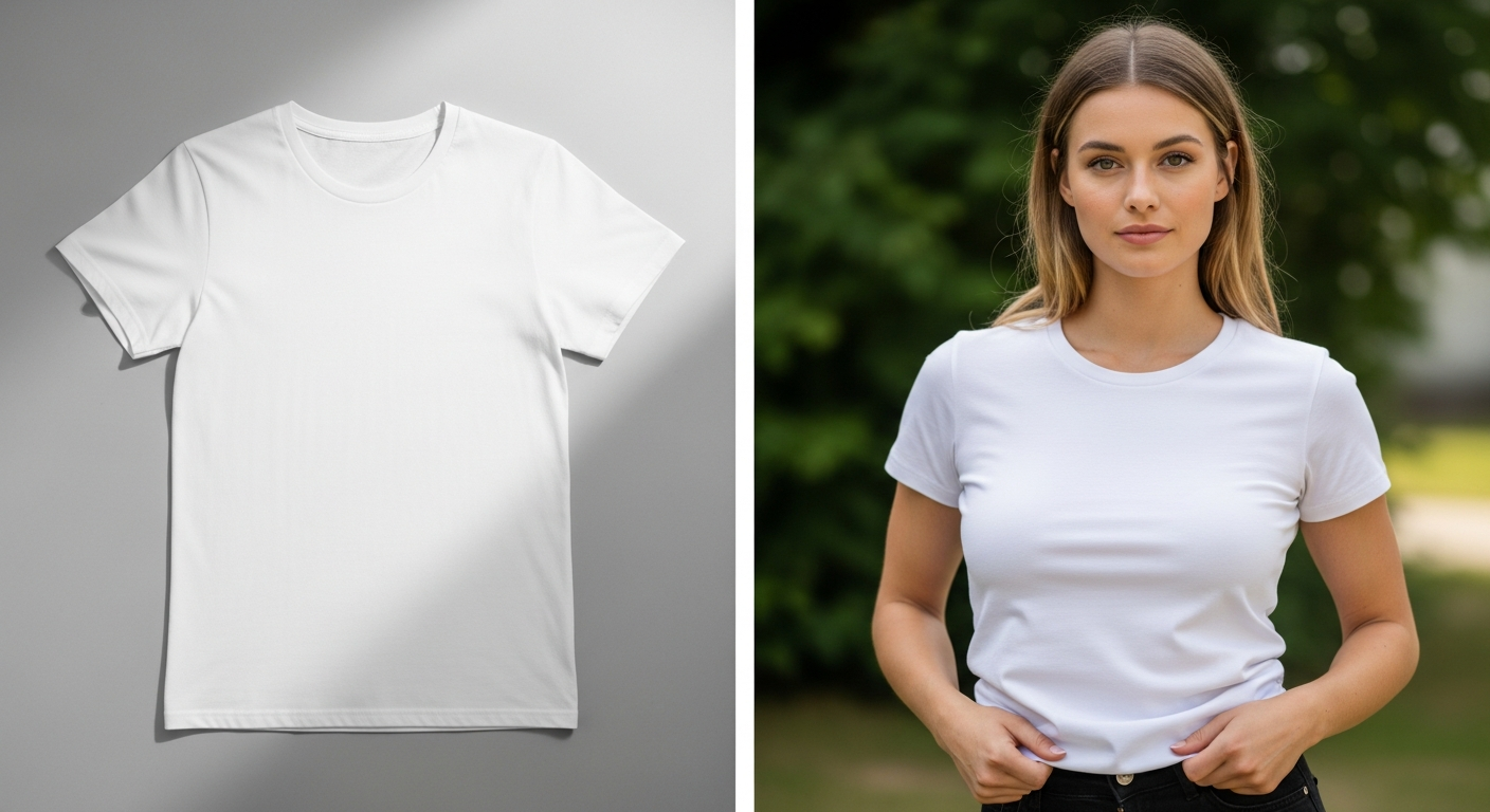 Generate an image demonstrating the **realistic visualization**. Show a side-by-side comparison: on the left, a traditional flat product image; on the right, the same item perfectly rendered on a person's photo, showing realistic shadows, folds, and how the fabric conforms to the body.