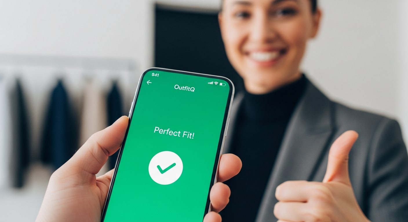 Generate an image that symbolizes **confidence and a perfect fit**. Show a hand holding a smart device displaying the OutfitQ interface, giving a 'thumbs up' or a 'perfect fit' checkmark, with a happy, well-dressed person in the background.