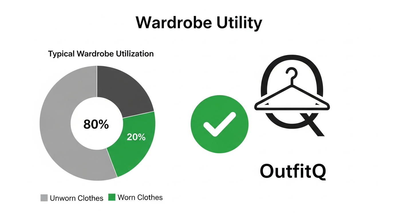 Generate an image that visually represents **Wardrobe Utility**. Show a graphic of a pie chart or bar graph illustrating the low utilization of typical wardrobes (e.g., '80% of clothes unworn'). Next to it, show the OutfitQ icon and a checkmark, suggesting the AI significantly boosts wardrobe usage.