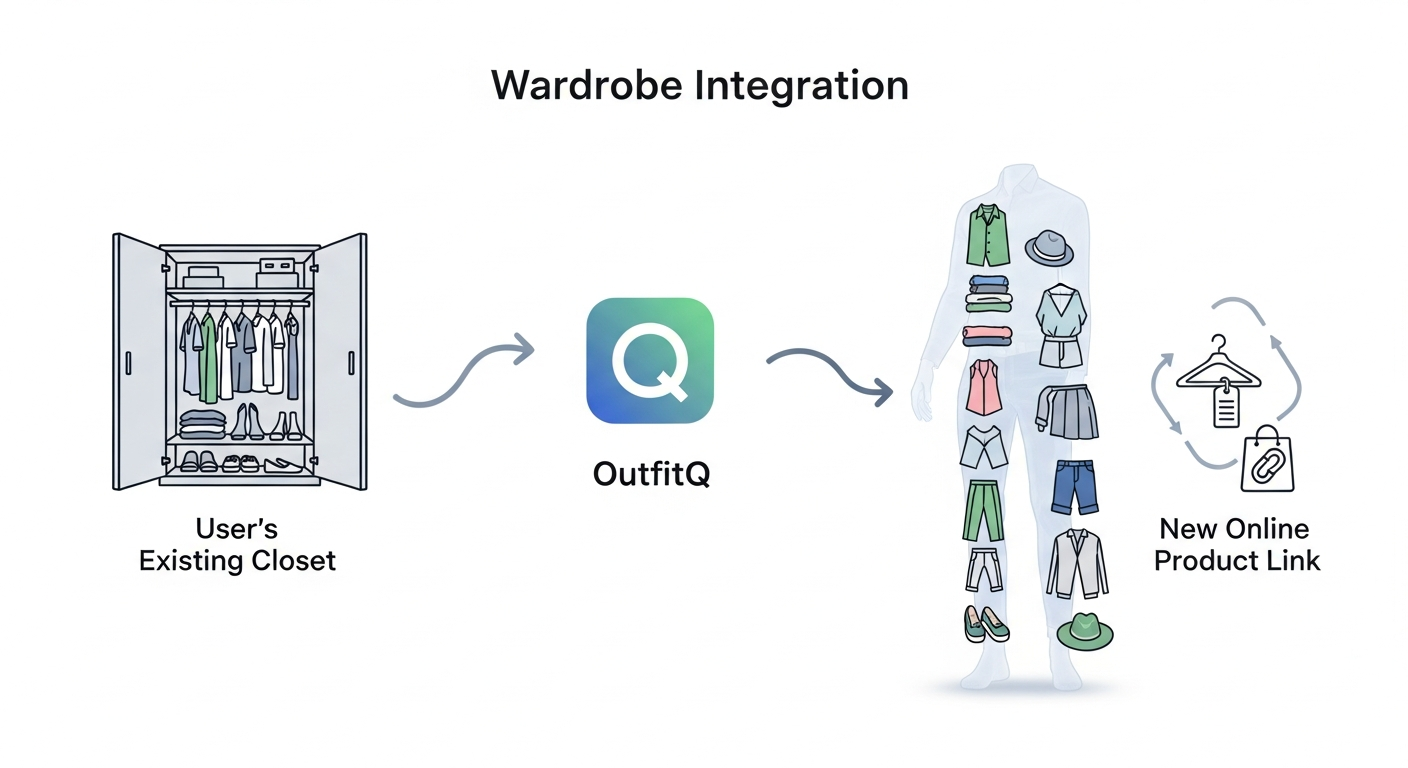 Generate an image that visually explains the **Wardrobe Integration** feature. Show an icon representing the 'User's Existing Closet' merging with an icon representing 'New Online Product Link' through the OutfitQ interface, resulting in a cohesive, styled virtual try-on outfit.