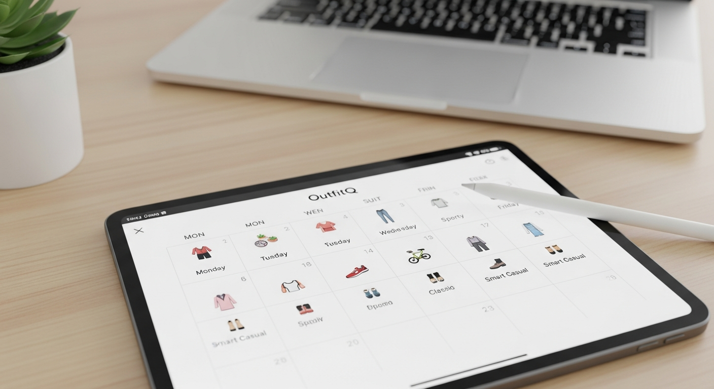 Generate an image that symbolizes **well-planned efficiency**. Show a digital checklist or a calendar view on a screen, with each day marked by a small, different, stylish outfit icon generated by OutfitQ, conveying effortless planning.