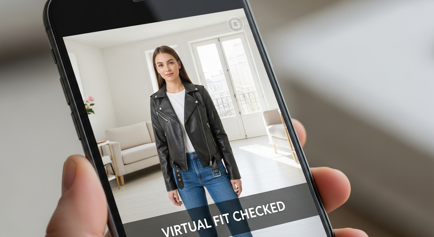 Generate an image demonstrating the **Virtual Try-On Output**. Show a phone screen displaying a user's photo with a clothing item (imported from an external source) realistically rendered onto their body. Use overlay text like 'VIRTUAL FIT CHECKED' to confirm the functionality.