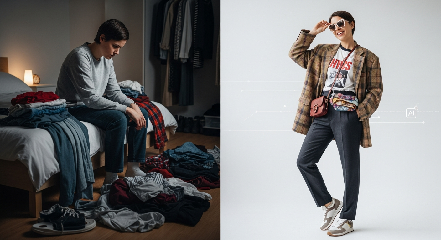 Generate an image that visually represents **Instagram-ready outfits**. Show a split screen: one side a 'before' image of someone feeling uninspired by their wardrobe, and the 'after' side showing them confidently posing in an AI-generated, perfectly styled outfit, ready for a photo.