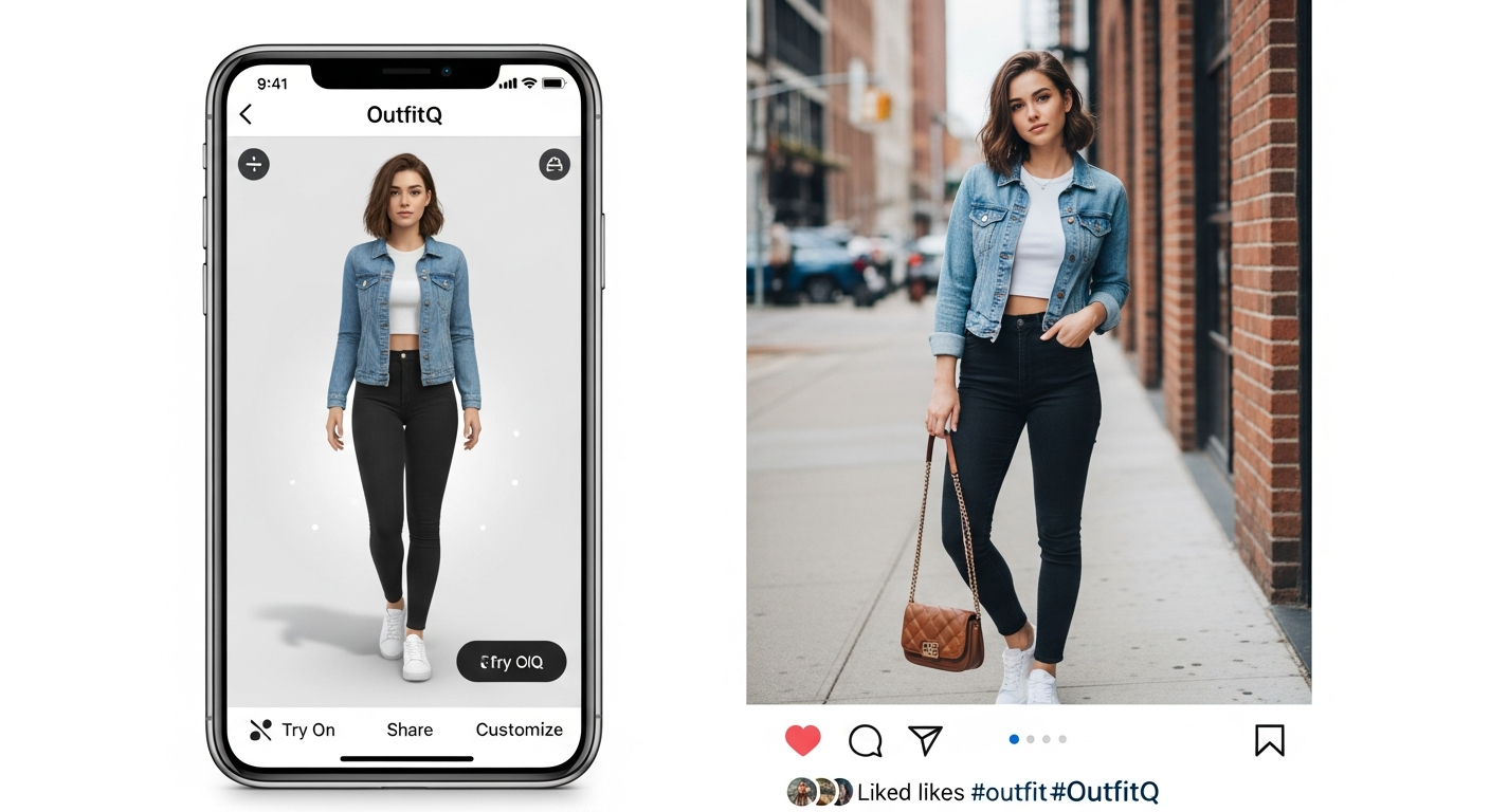 Generate an image demonstrating the **seamless transition from virtual try-on to photo-ready look**. Show an OutfitQ app screenshot with a virtual try-on outfit, and next to it, a high-quality, actual Instagram post of the same person wearing the virtually tried-on outfit in a similar pose/style.
