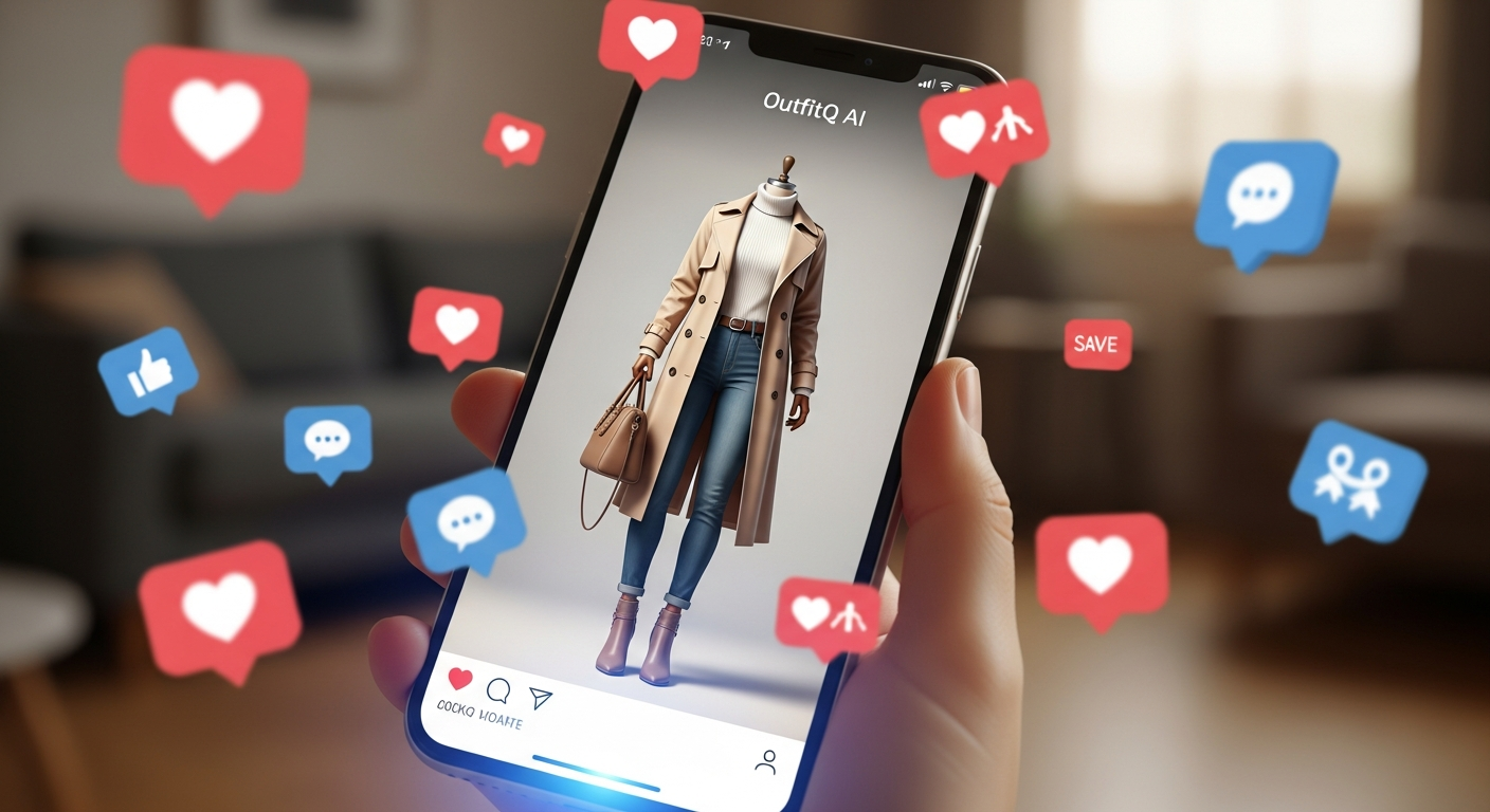 Generate an image that symbolizes **Instagram success through AI**. Show a smartphone screen with an OutfitQ-generated outfit, surrounded by floating 'likes,' 'comments,' and 'saves' icons, implying the outfit's success on social media.