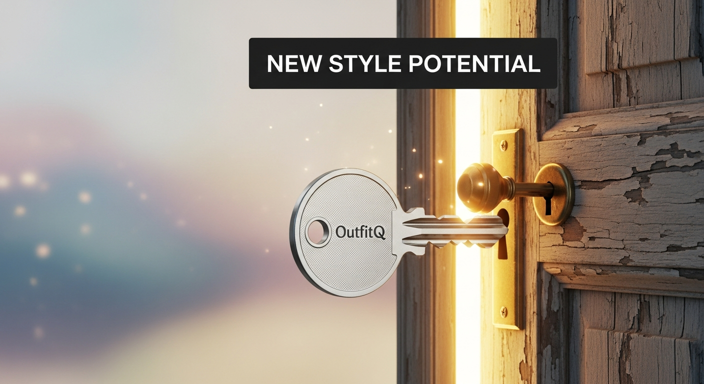 Generate an image that visually represents **style discovery**. Show a graphic of a key unlocking a previously closed or hidden door labeled 'New Style Potential', with the OutfitQ logo on the key.