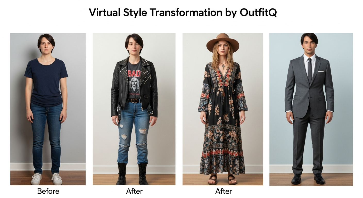 Generate an image demonstrating the **Virtual Style Transformation**. Show a user's photo on the left, and three distinct, fully styled virtual try-on images generated by OutfitQ on the right, showcasing different aesthetics (e.g., Leather jacket rocker, flowing bohemian dress, tailored business suit) on the same person.
