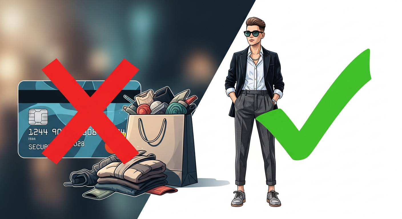 Generate an image that symbolizes **risk reduction**. Show a large 'X' mark over a credit card and shopping bag, and a green checkmark over a person confidently dressed in a stylish outfit, implying the AI removes the financial risk from trying new styles.