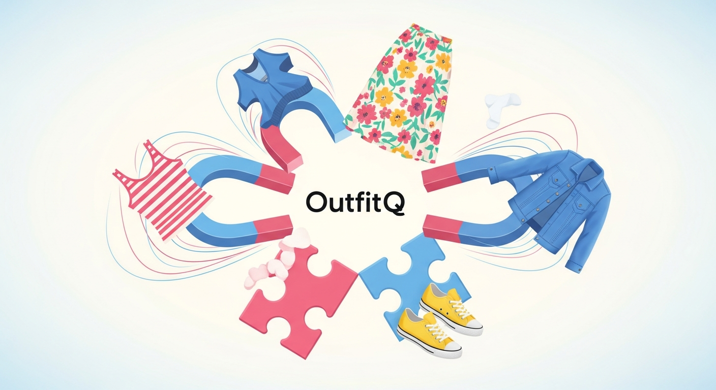 Generate an image that visually represents **mix and match**. Show a playful graphic of disconnected clothing items (a top, a skirt, a jacket, shoes) being drawn together by magnetic forces or puzzle pieces fitting perfectly, with the OutfitQ logo at the center of the magnetic field/puzzle.