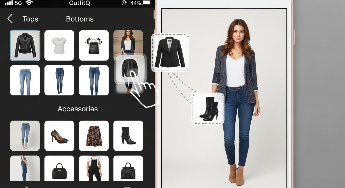 Generate an image demonstrating the **dynamic mix-and-match interface**. Show a smartphone screen with the OutfitQ app: on one side, panels with various tops, bottoms, and accessories; on the other, a user's photo with a generated outfit, showing elements being 'dragged and dropped' or 'swapped' virtually.