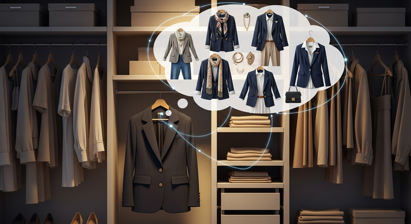 Generate an image that symbolizes **wardrobe versatility and smart spending**. Show a neatly organized closet with light shining on a single item (e.g., a blazer), and a thought bubble above it containing various AI-generated outfit combinations using that same blazer.