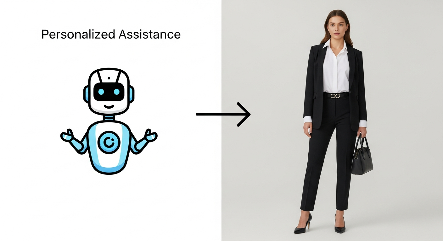 Generate an image that visually represents **personalized assistance**. Show a person's photo next to a professional stylist's image (stylized as an AI avatar/robot icon), with an arrow pointing to the seamlessly styled, virtually tried-on outfit on the user's photo. This symbolizes the AI providing expert help.
