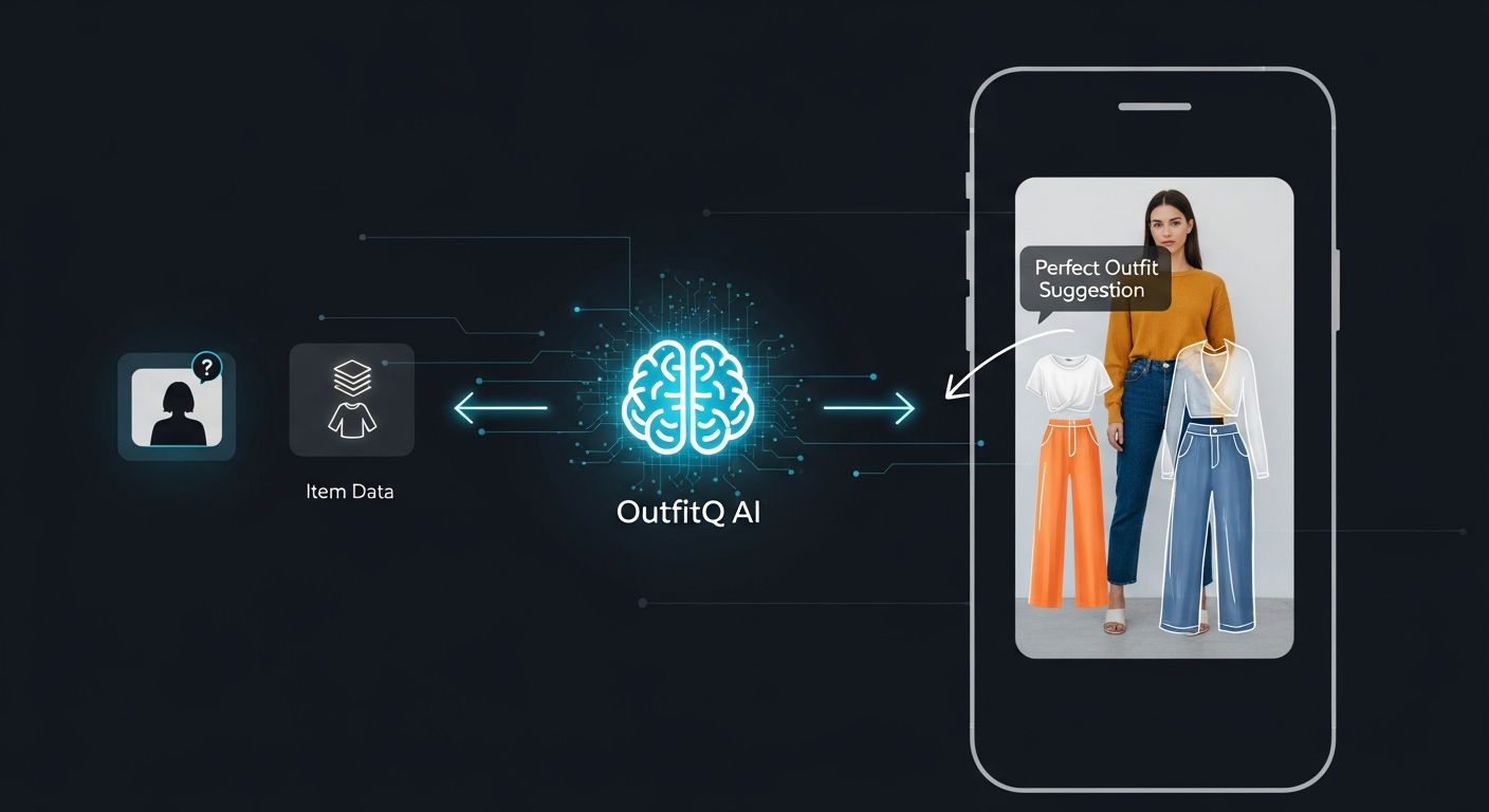 Generate an image demonstrating the **AI decision-making**. Show a simple chart or flow diagram within a stylized phone screen: [User Photo/Prefs] + [Item Data] $\rightarrow$ [OutfitQ AI Brain Icon] $\rightarrow$ [Perfect Outfit Suggestion on User's Photo]. This illustrates the 'assistant' function.
