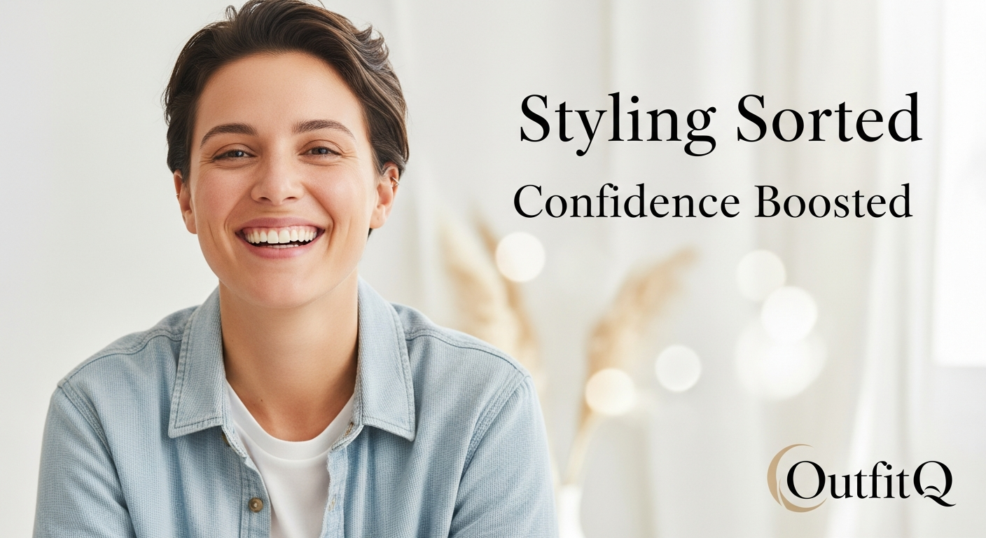 Generate an image that symbolizes **confidence and stress reduction**. Show a person smiling and effortlessly styled, with a caption like 'Styling Sorted' or 'Confidence Boosted', with the OutfitQ logo subtly included.