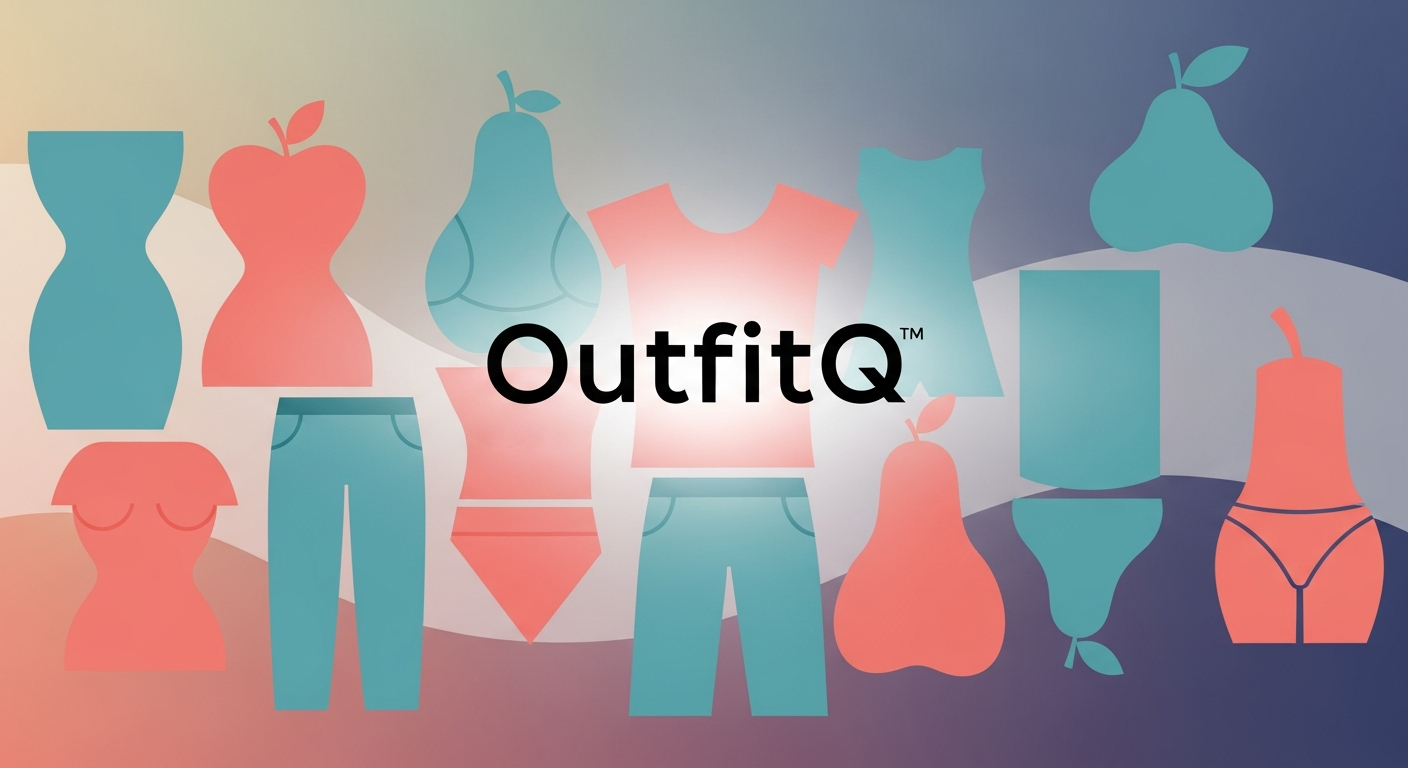 Generate an image that visually represents **body positivity and fit**. Show a graphic of various abstract body silhouettes (e.g., hourglass, apple, rectangle) seamlessly accepting and conforming to a piece of clothing overlaid by the OutfitQ logo, suggesting universal fit solution.