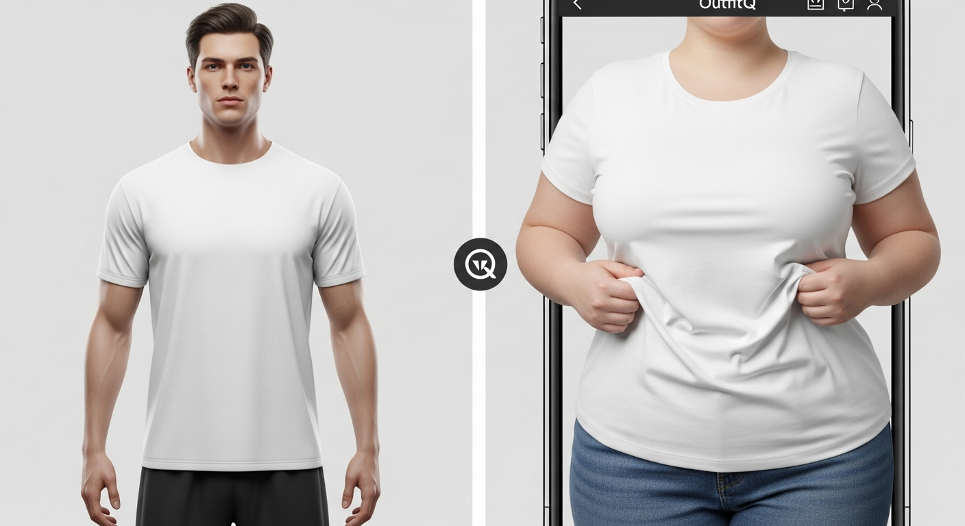 Generate an image demonstrating the **realistic drape and fit**. Show a split view: one side showing a generic model in a garment, and the other side showing the same garment virtually tried on a person with a different body type (e.g., plus size or petite) via the OutfitQ app, highlighting realistic folds and tension points.