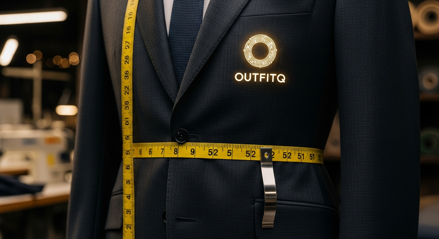 Generate an image that symbolizes **perfect, custom fit**. Show a clothing item with a tailor's measuring tape wrapped around it, and the OutfitQ logo shining on the item, implying the AI is the ultimate personalized measuring tool.